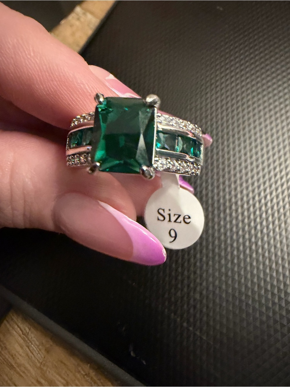 Emerald Green Crystal Cocktail Ring - Size 9